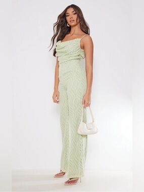 PrettyLittleThing Sage Green Textured Wide-Leg Jumpsuit
